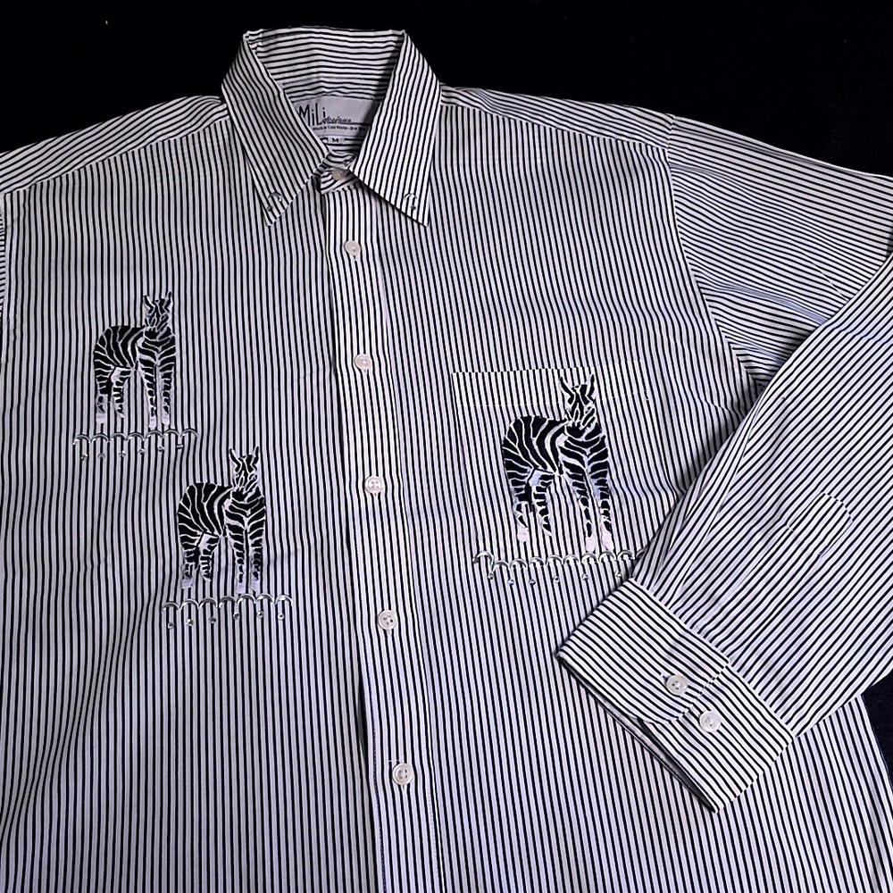 Mili Designs Button Down Shirt Womens M Black White Striped Zebra Embroidered
